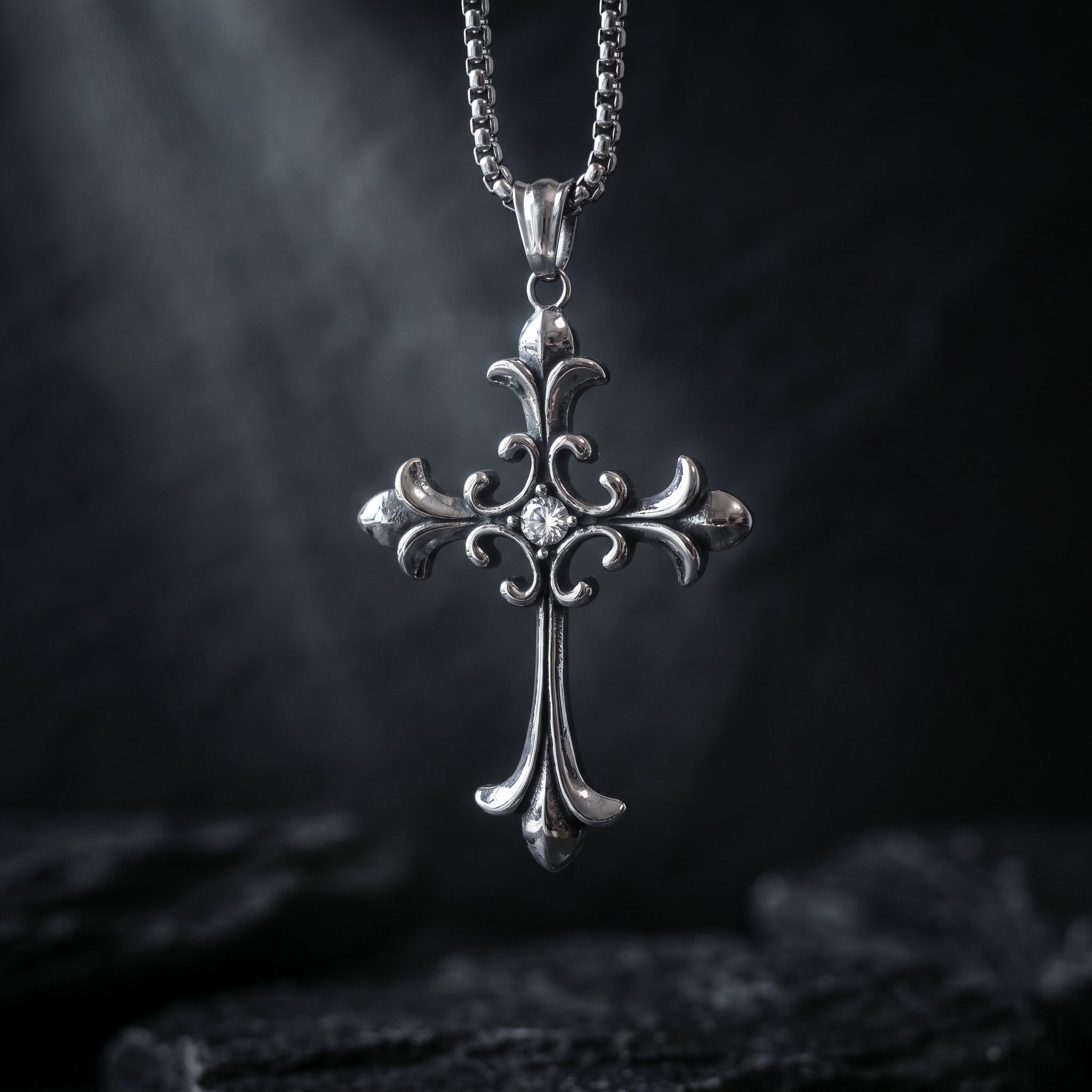 gothic cross pendant with crystal antique silver necklace Main image