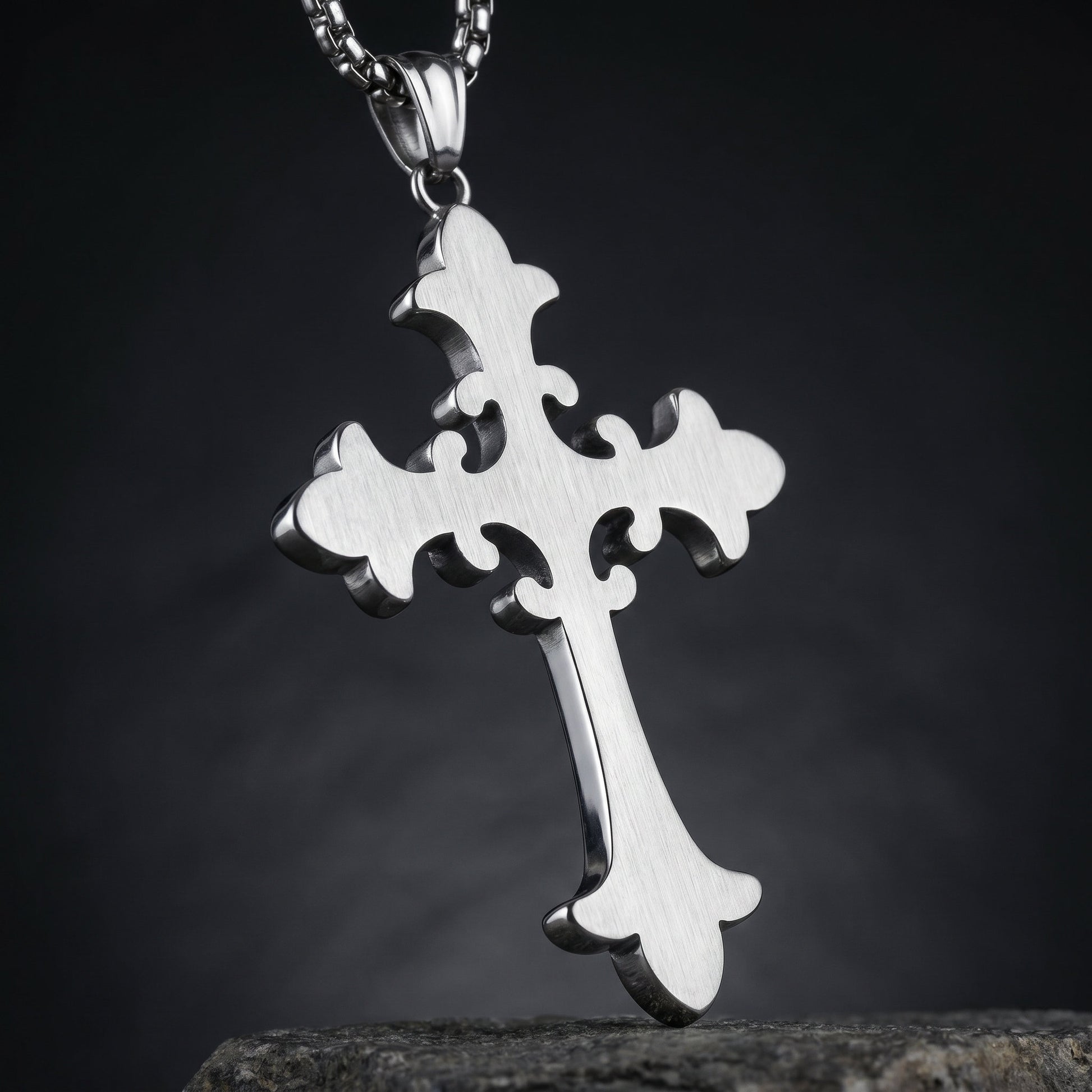 back view of gothic cross pendant stainless steel