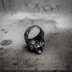 Gothic skull ring interior view showing oxidized stainless steel band, dark aesthetic jewelry by Veilhinge