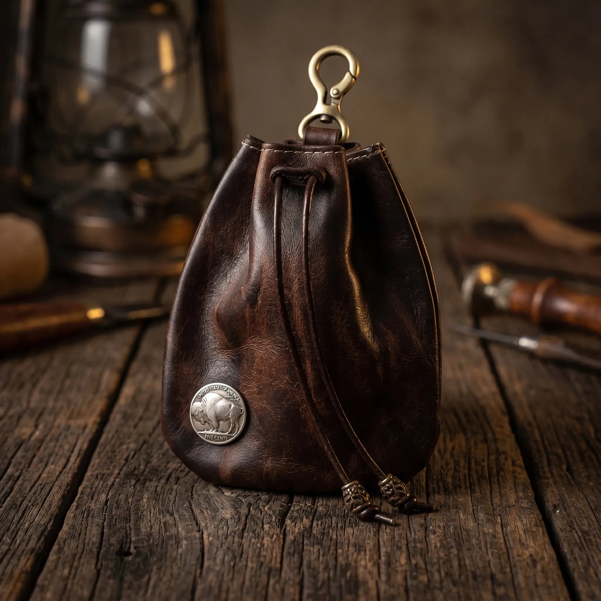 Handcrafted full-grain leather belt pouch with antique Buffalo Nickel concho and leather cord drawstring closure