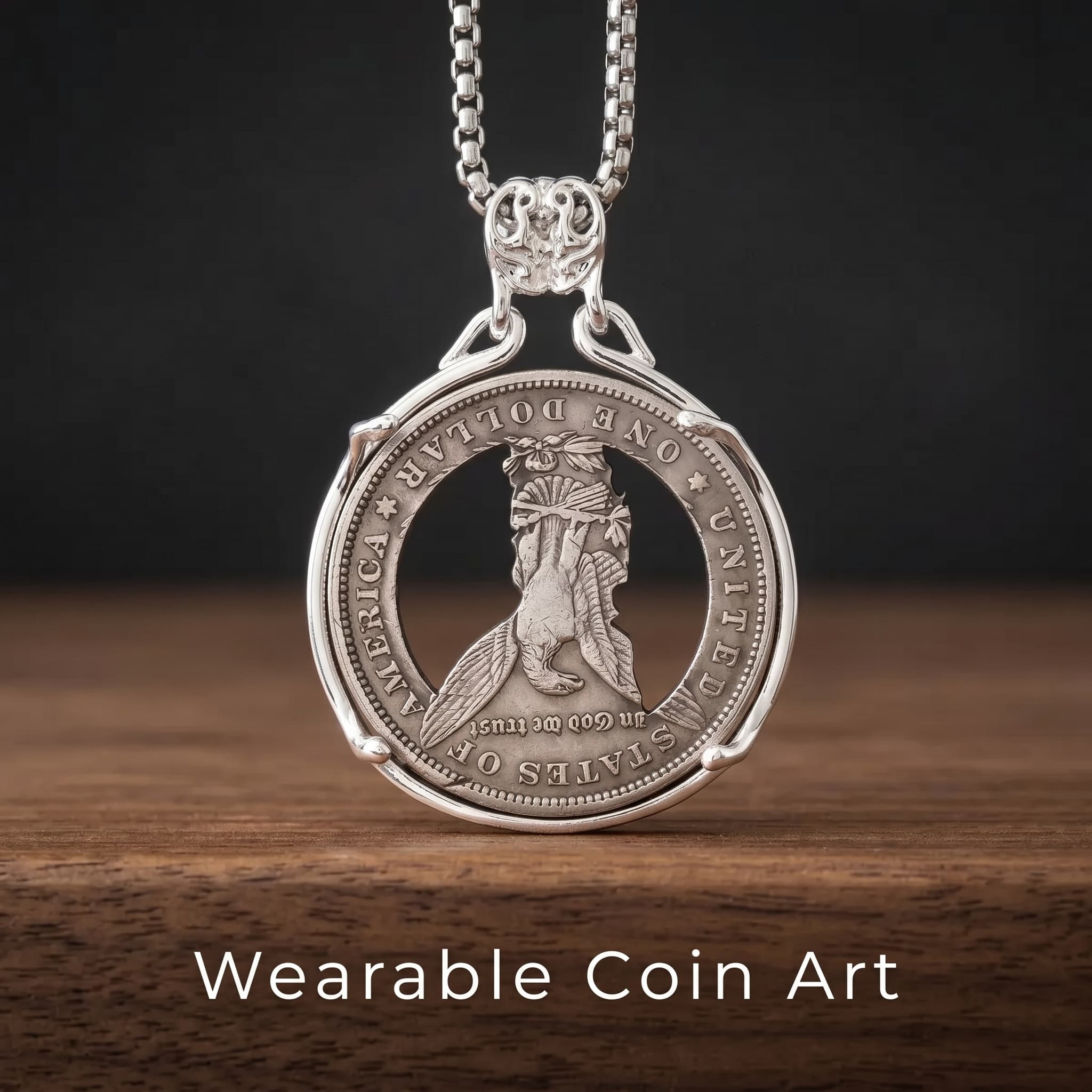 hobo nickel coin pendant reverse side — eagle motif with ONE DOLLAR inscription in open circular silver frame, skull bail on box chain, wooden surface