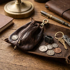 Open leather drawstring pouch laid flat on a wooden tray showing quarters, pennies, and a keyring beside a brass candlestick