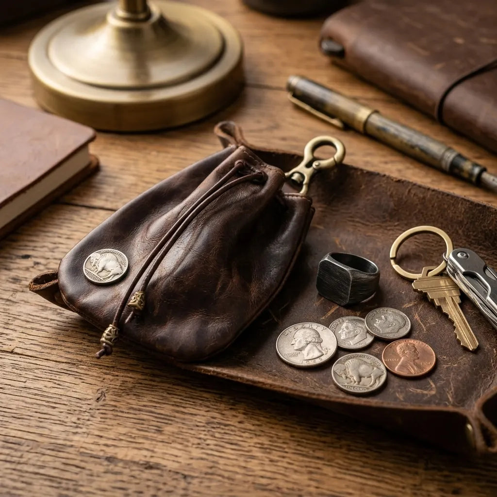 Open leather drawstring pouch laid flat on a wooden tray showing quarters, pennies, and a keyring beside a brass candlestick