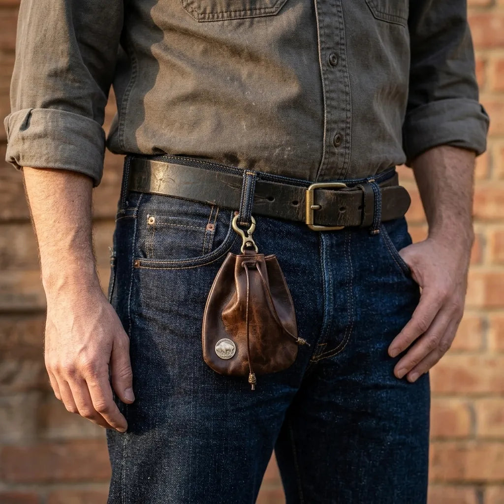 Leather drawstring pouch clipped to belt loop over dark denim jeans, worn with a grey workwear shirt