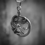 Medusa pendant front — serpent-wreathed face within circular openwork frame, oxidized silver, suspended on box chain