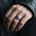 men wearing rune spinner ring stainless steel rotating band lifestyle shot