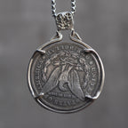 Medio Balboa conquistador coin pendant reversed to show the Morgan Dollar eagle with United States of America and One Dollar inscription, in a four-prong open bezel