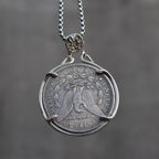Roman centurion coin pendant reversed to show the Morgan Dollar eagle with United States of America and One Dollar inscription, in a four-prong open bezel on a chain