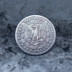 A circular silver-toned coin or medallion featuring an eagle and the text 'United States of America' and 'One Dollar,' photographed on a textured gray stone-like surface.