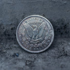 Morgan Dollar reverse showing the American eagle with spread wings, In God We Trust, United States of America, and One Dollar denomination on dark stone