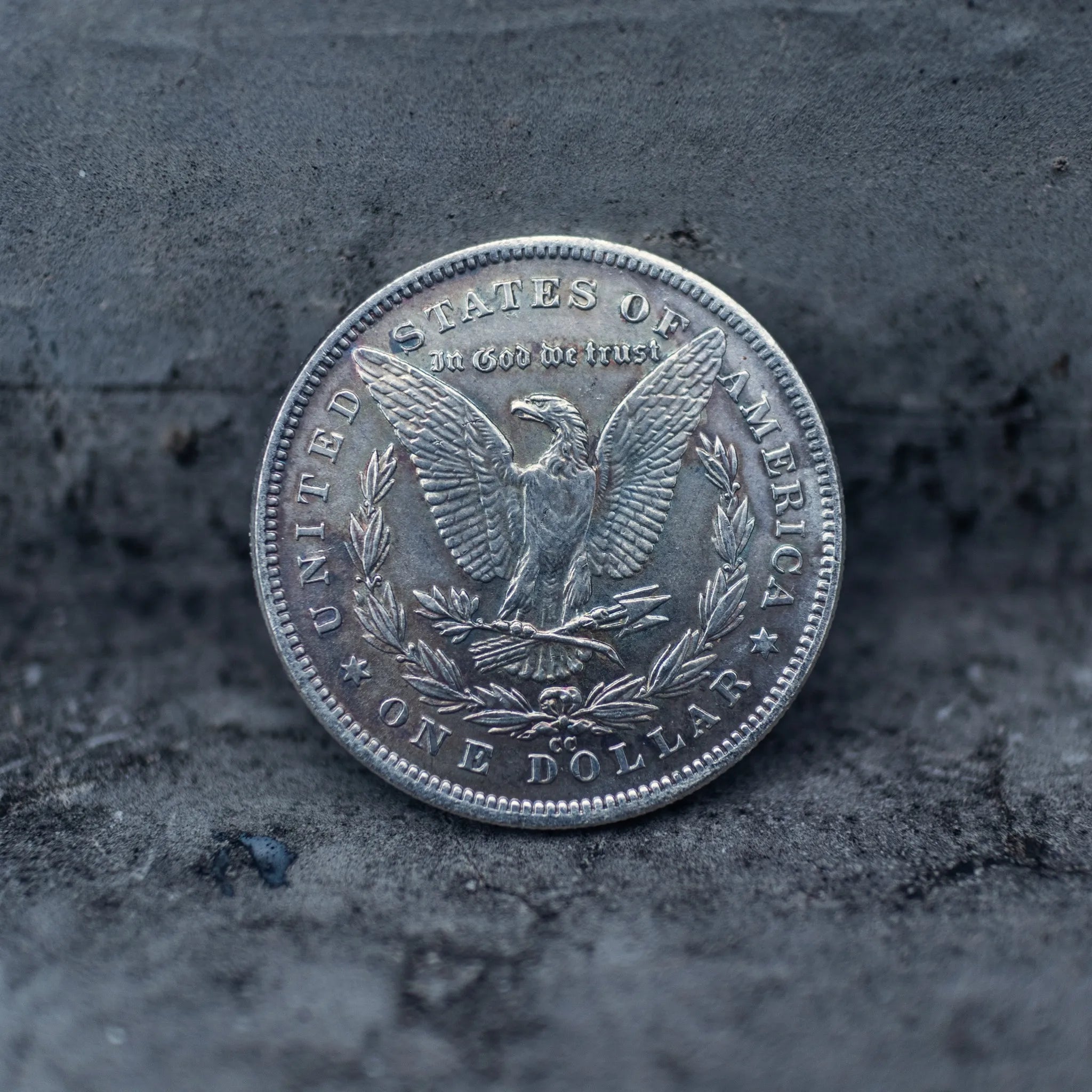Morgan Dollar reverse showing the American eagle with spread wings, In God We Trust, United States of America, and One Dollar denomination on dark stone