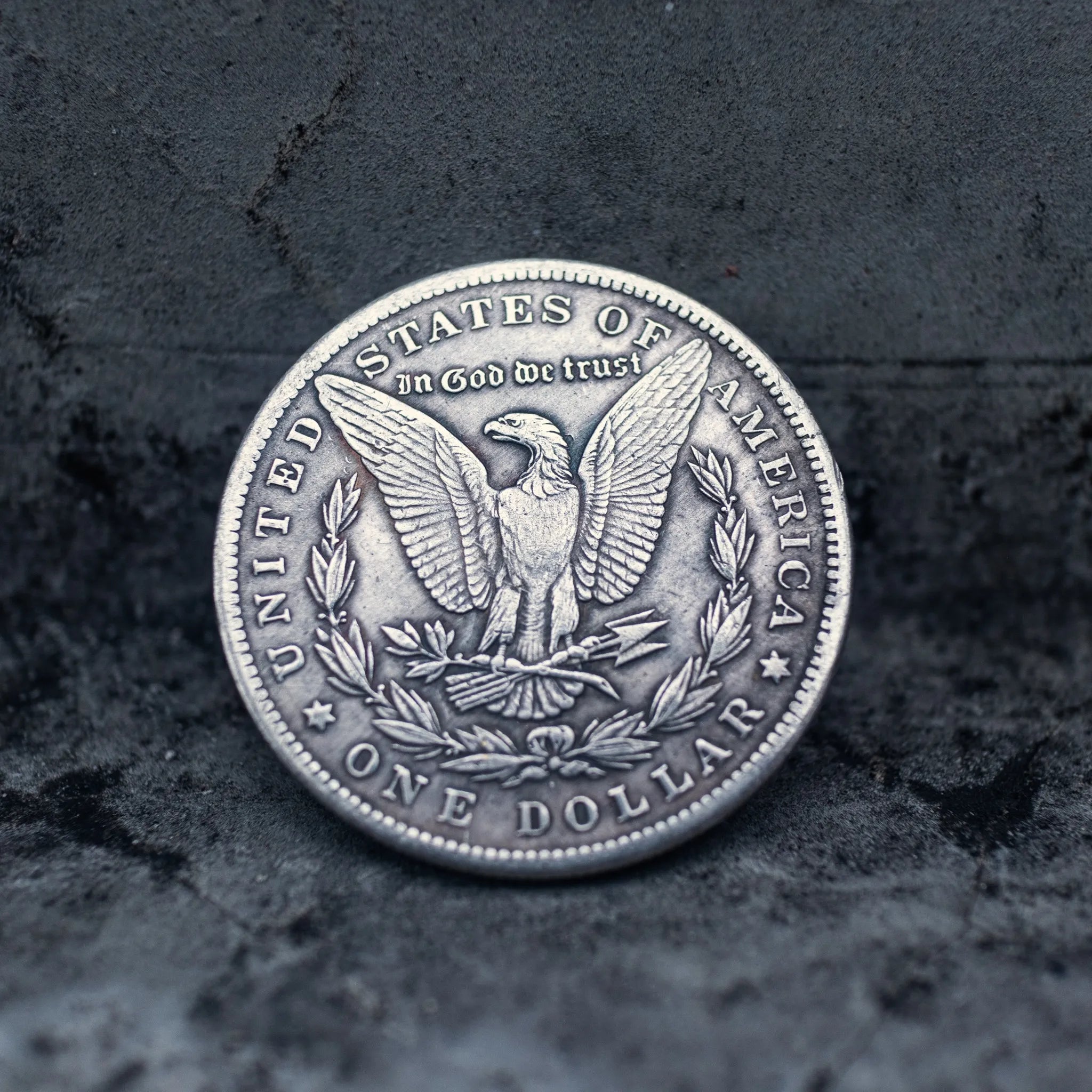 A silver-colored United States one dollar coin featuring an eagle and olive branch design, photographed from the reverse side against a dark textured stone background.
