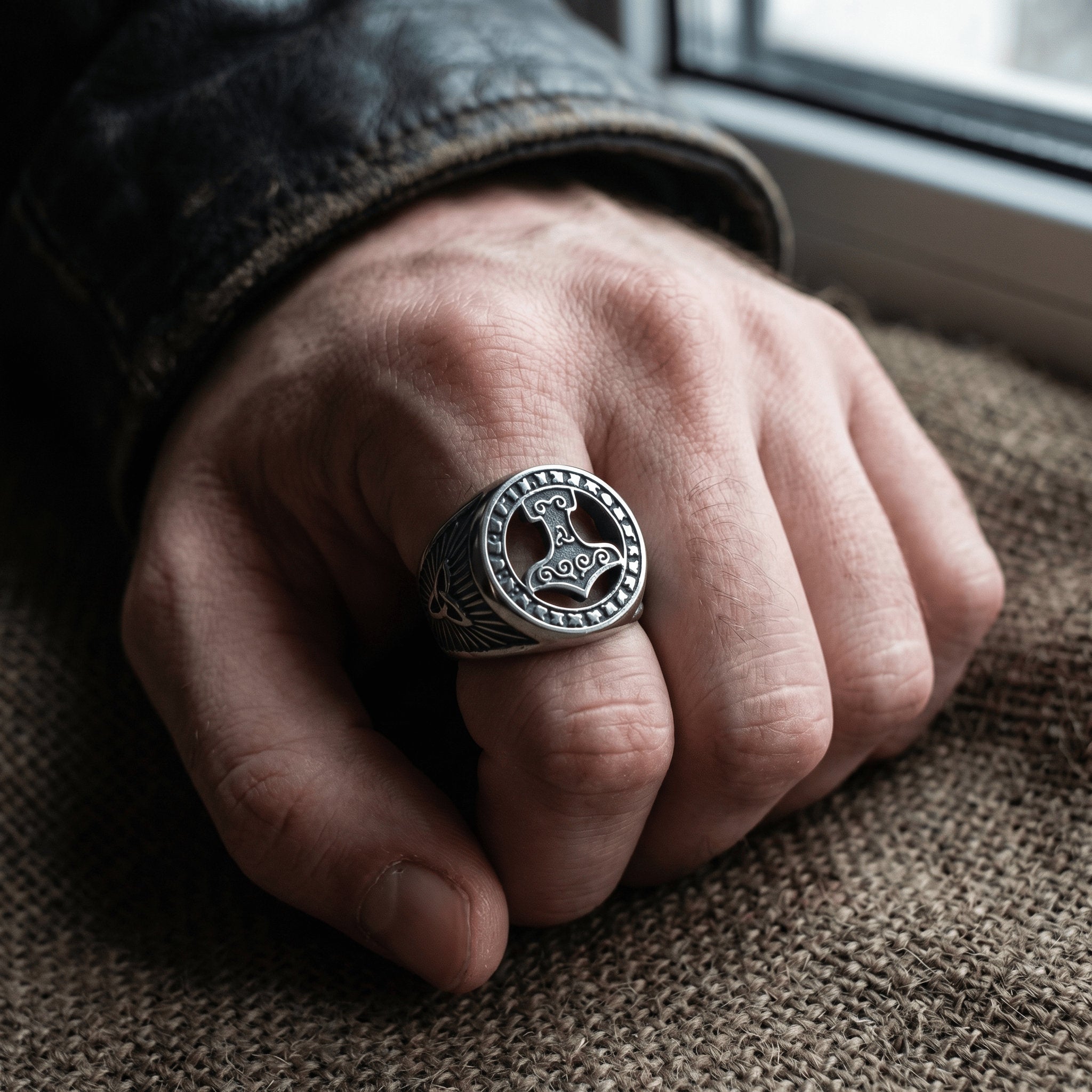 viking signet ring thors hammer stainless steel men
