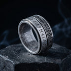 viking rune spinner ring close up stainless steel rotating band