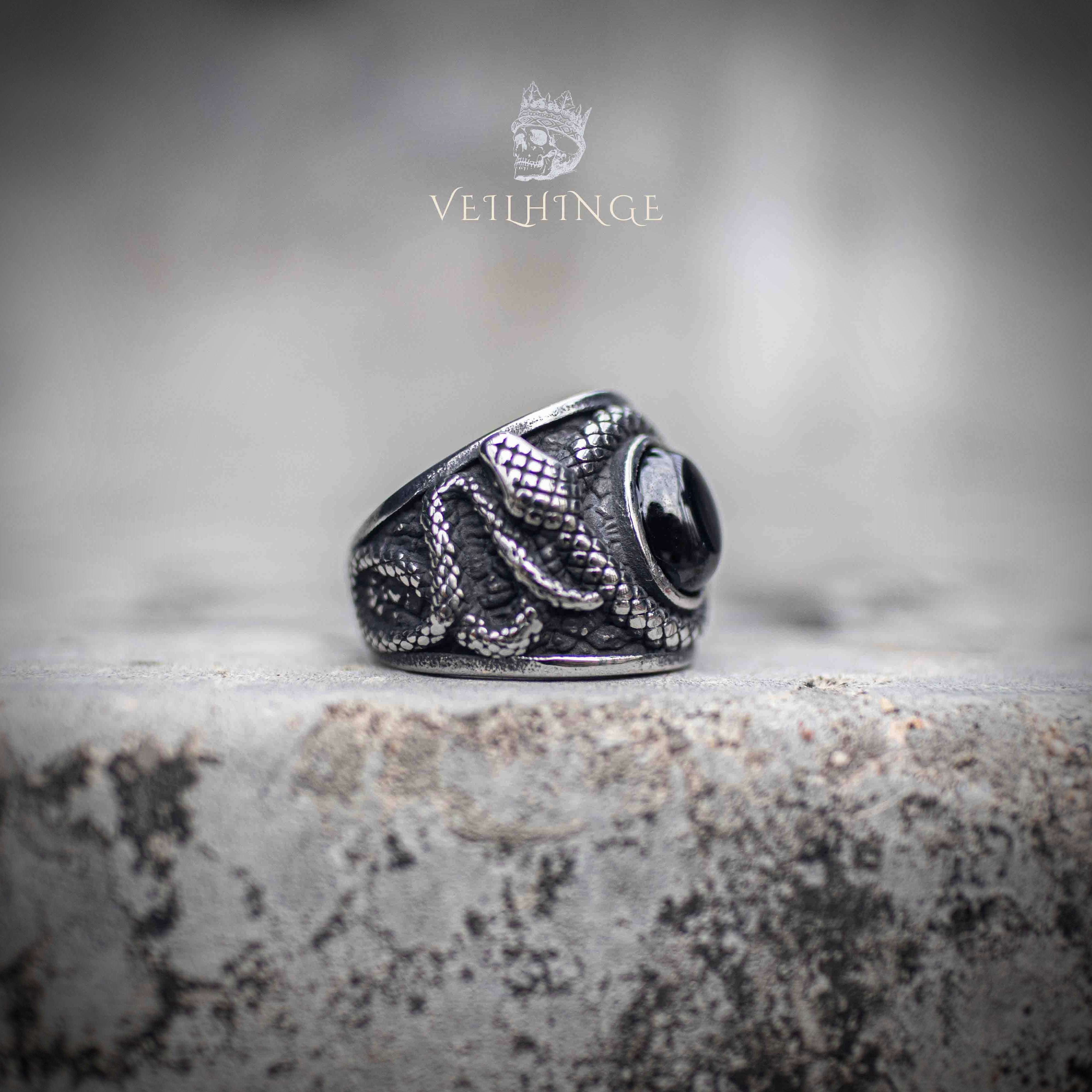 Obsidian Serpent Ring – Coiled Snake Dark Stone Gothic Statement Ring Secondary image