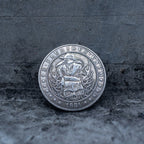 Close-up of a coin engraved with a plague doctor in a beak mask and robes, skull and scrolling vine details, E Pluribus Unum border, dated 1881, on dark stone