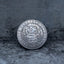 Close-up of a coin engraved with a plague doctor in a beak mask and robes, skull and scrolling vine details, E Pluribus Unum border, dated 1881, on dark stone