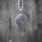Round sunburst radiant texture coin pendant necklace, oxidized silver, minimalist dark aesthetic jewelry