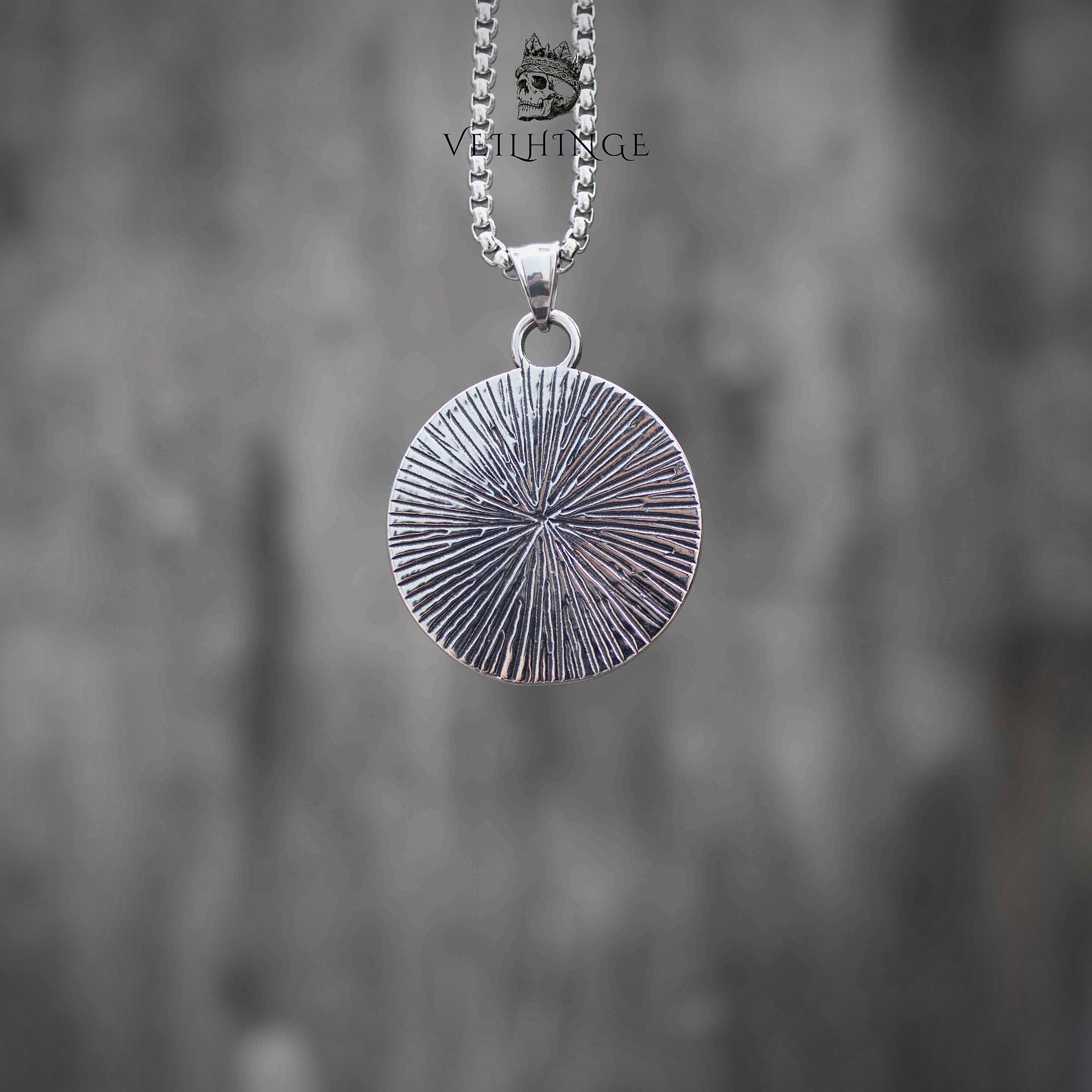 Round sunburst radiant texture coin pendant necklace, oxidized silver, minimalist dark aesthetic jewelry