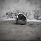 Sacred heart signet ring interior view showing polished silver stainless steel band and gothic cross side detail, religious dark aesthetic ring by Veilhinge