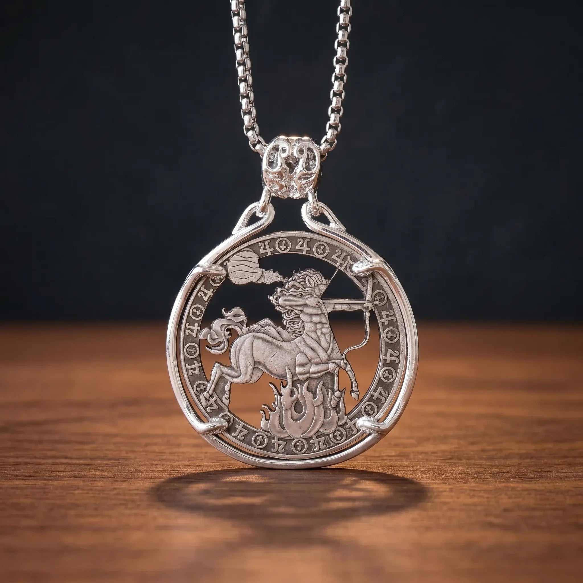 sagittarius centaur coin pendant necklace — centaur archer hand-cut on coin face with alchemical symbol border, flames at base, four-prong open frame, skull bail, antique silver tone, dark wood surface