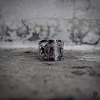 Saint Benedict medal ring in polished stainless steel, gothic wide band with openwork design, front view, Veilhinge
