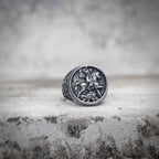 Saint George dragon slayer signet ring with knight on horseback coin engraving in oxidized antique silver stainless steel, medieval dark aesthetic ring by Veilhinge, front view