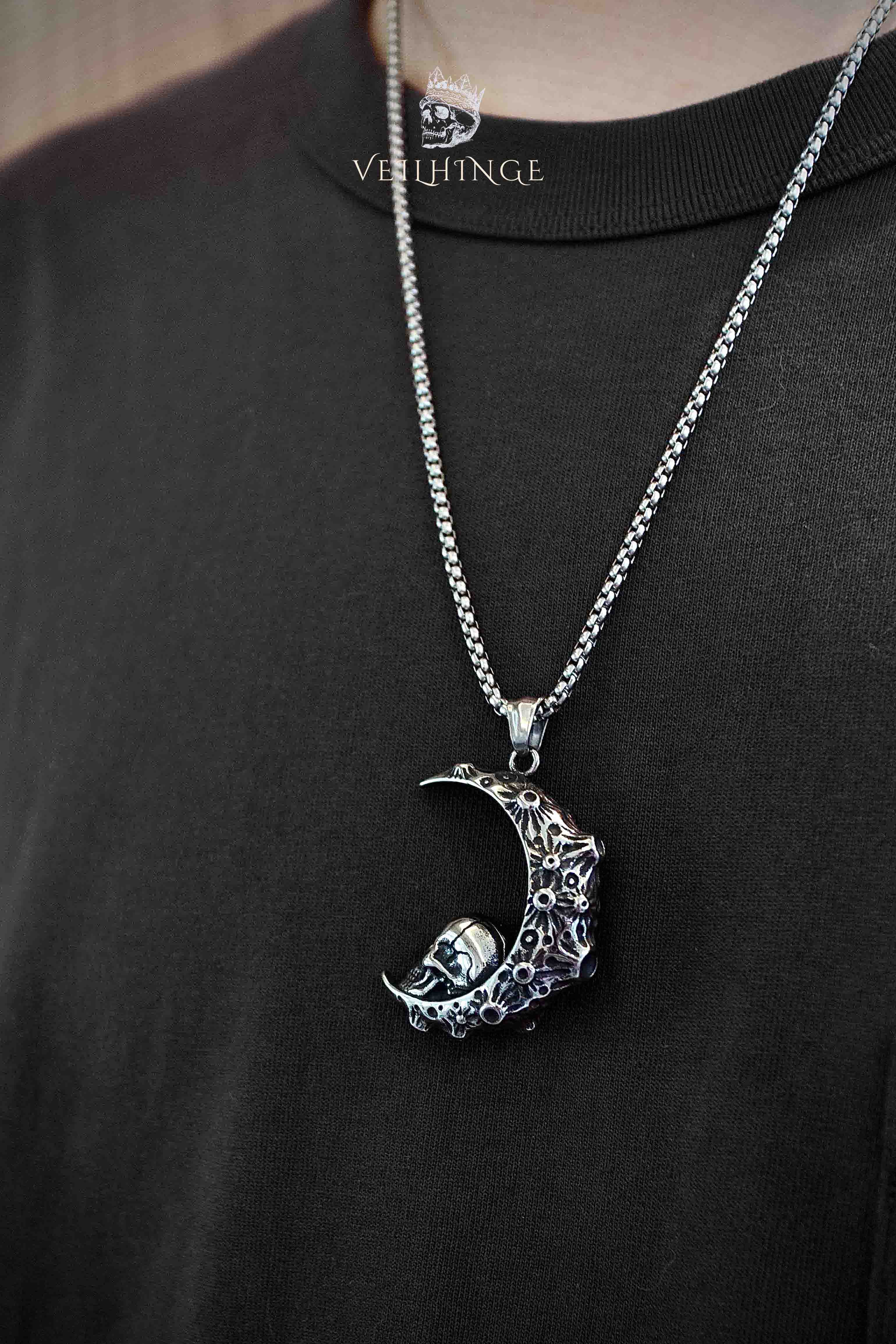 Skull crescent moon pendant necklace worn on model with black outfit, oxidized silver gothic statement necklace, dark aesthetic alternative jewelry