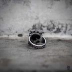 Skull crown ring interior view showing skull engraving inside band and gothic crown top, oxidized stainless steel dark aesthetic ring by Veilhinge