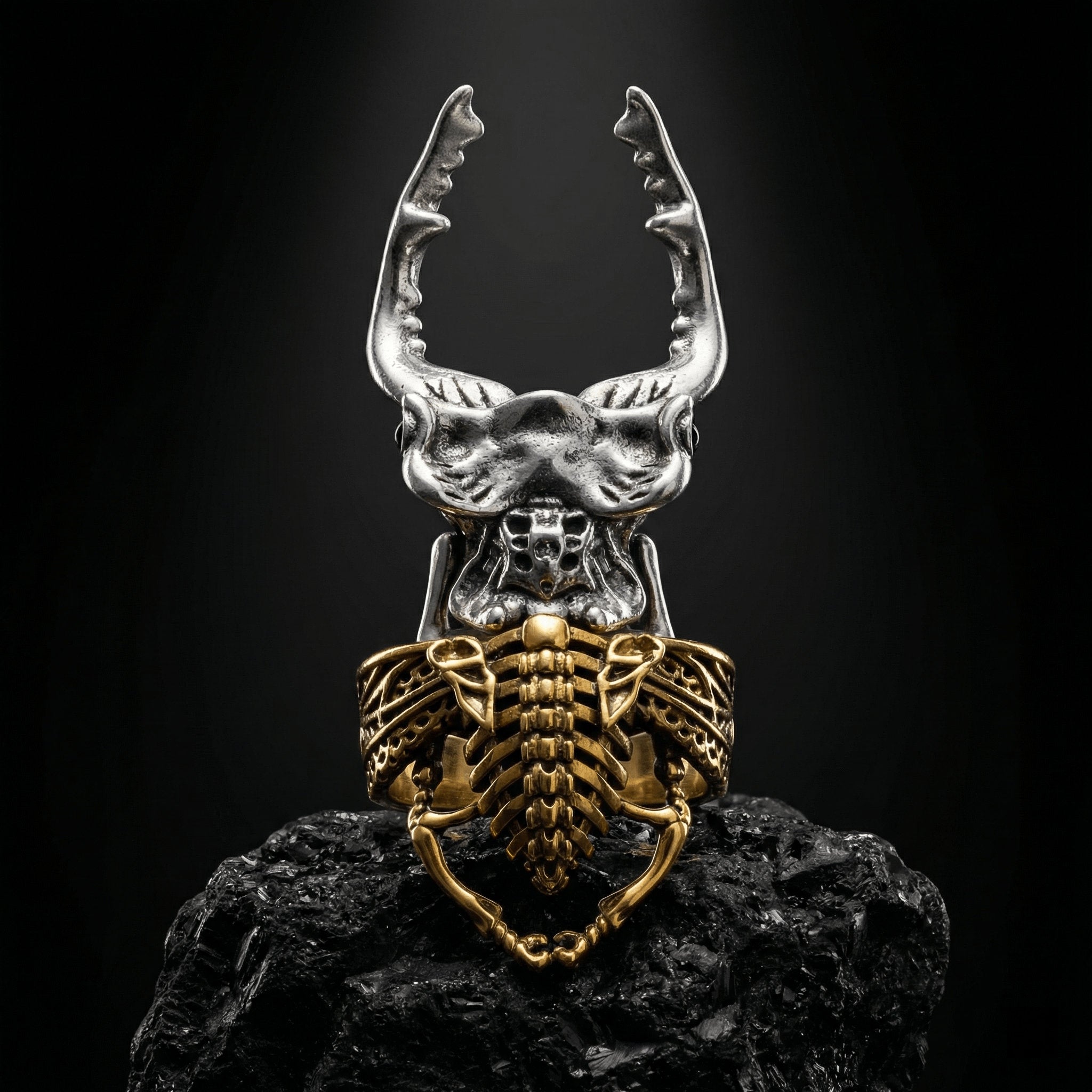 skull stag beetle ring gothic adjustable horned insect skeleton ring stainless steel dark aesthetic jewelry