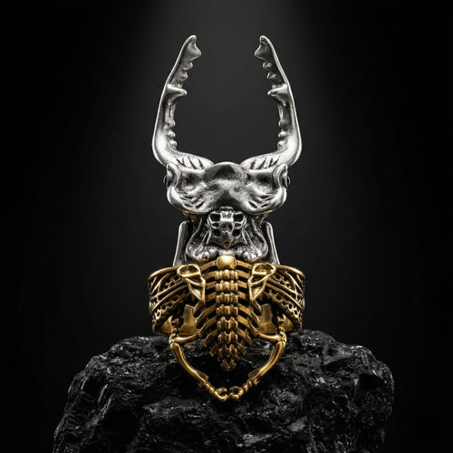 skull stag beetle ring gothic adjustable horned insect skeleton ring stainless steel dark aesthetic jewelry