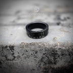 Front view of USSR commemorative coin ring with Cyrillic centenary inscription — oxidized black band, raised Soviet-era lettering on stone