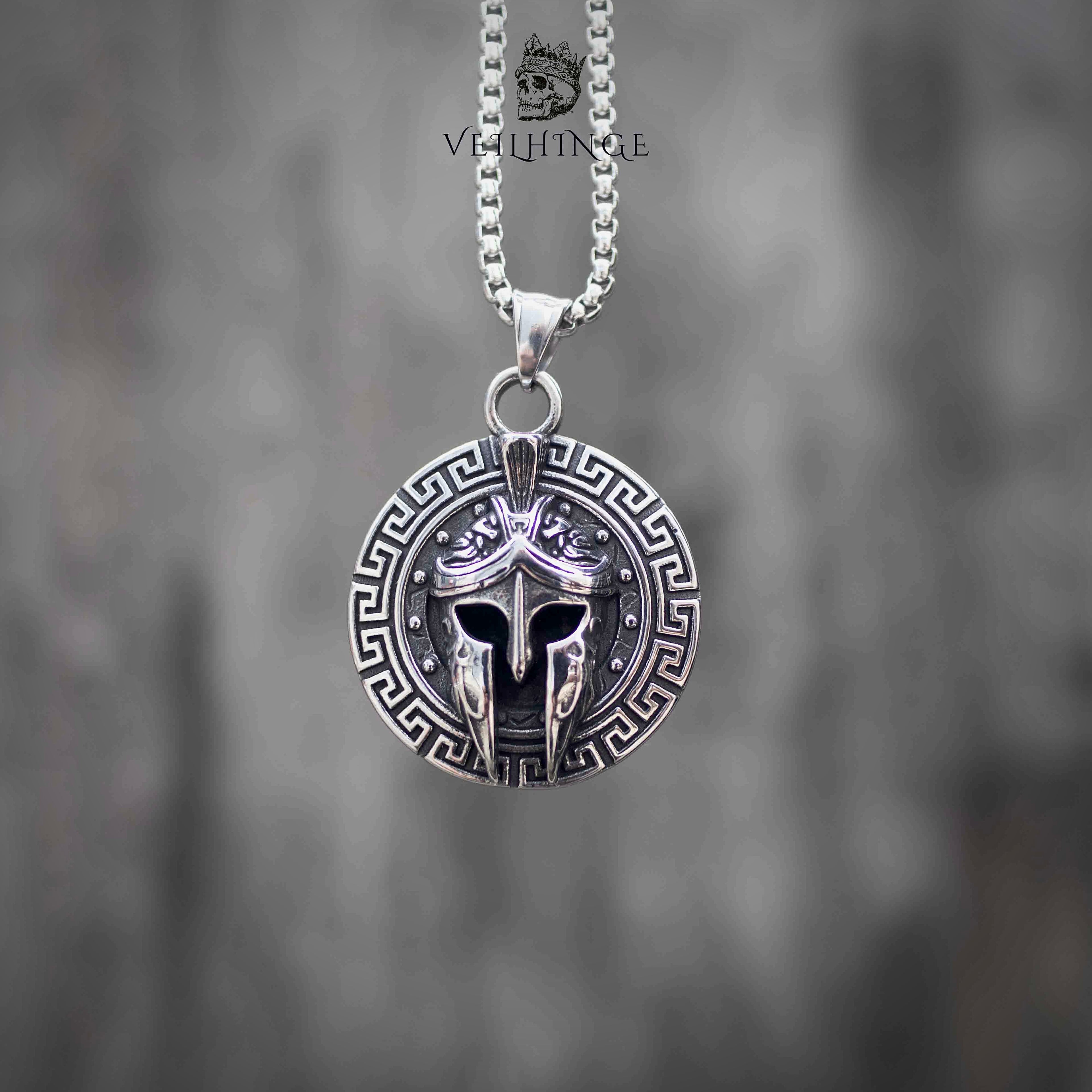 Spartan helmet pendant necklace with Greek key border, oxidized silver finish, dark aesthetic medieval jewelry