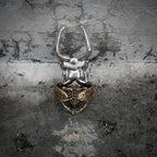 Stag beetle ring back view showing bronze elytra wing case texture and silver head in dual tone stainless steel, gothic dark nature statement ring by Veilhinge