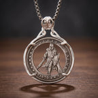 templar knight hobo coin pendant necklace — armored crusader with sword and shield hand-cut on 1879 coin face, E pluribus unum inscription, four-prong open frame, skull bail, antique silver tone, dark wood surface