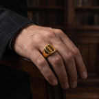 gold tiger eye signet ring worn on hand vintage square gemstone ring