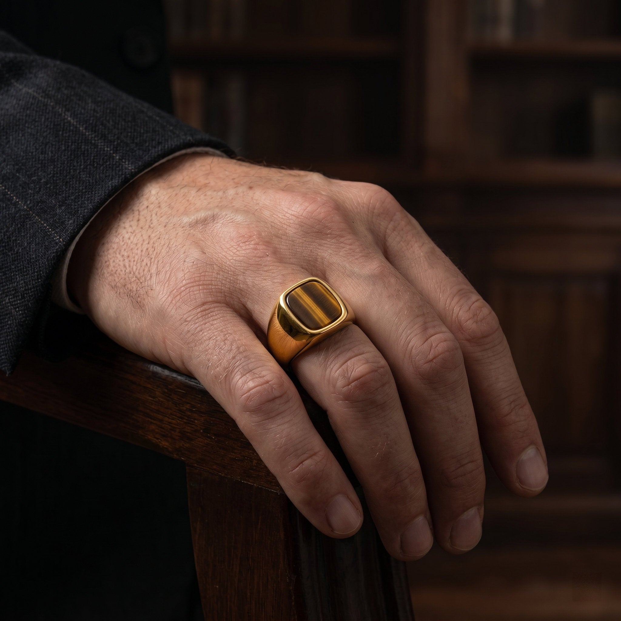 gold tiger eye signet ring worn on hand vintage square gemstone ring