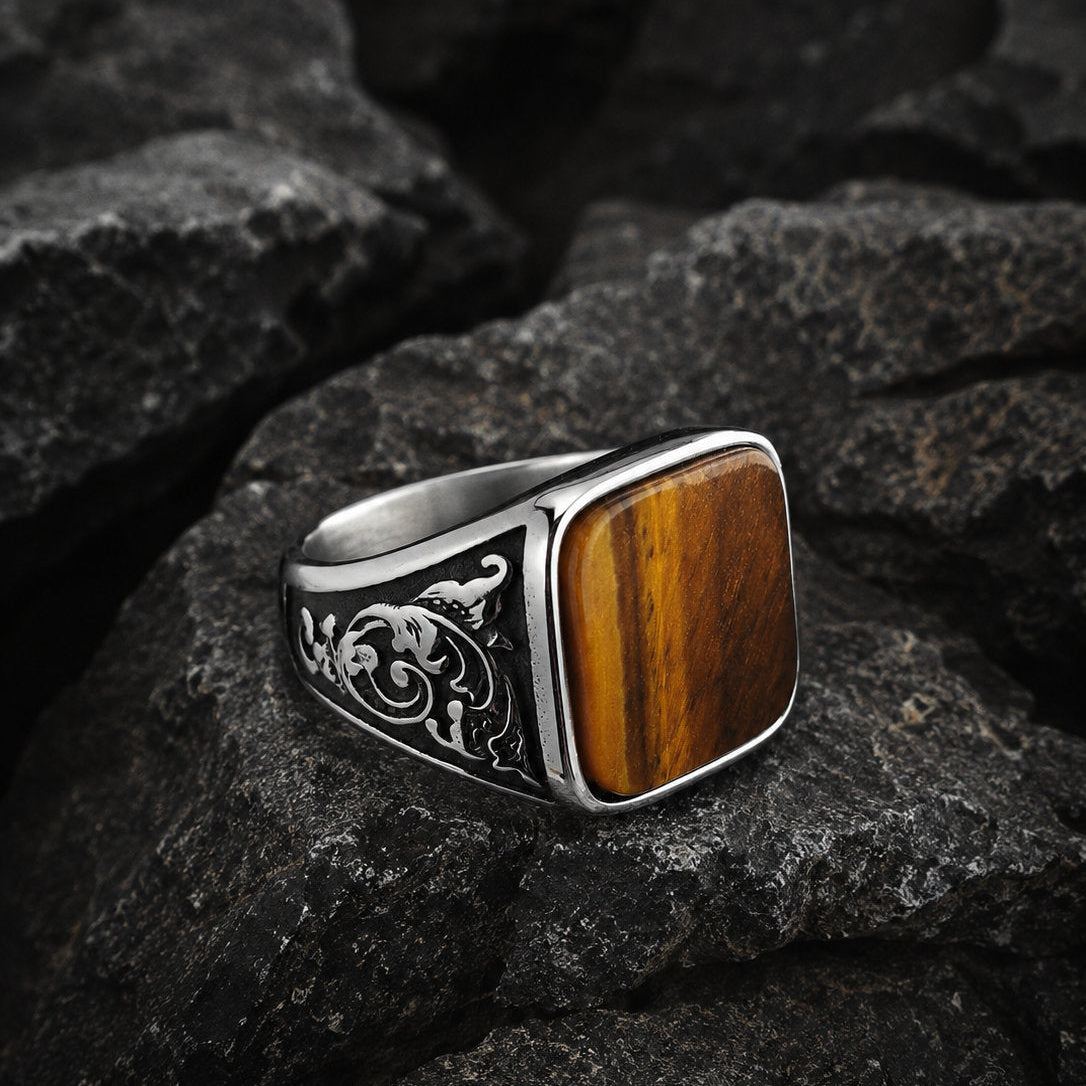 Tiger Eye Square Signet Ring – Baroque Engraved Dark Aesthetic Secondary image