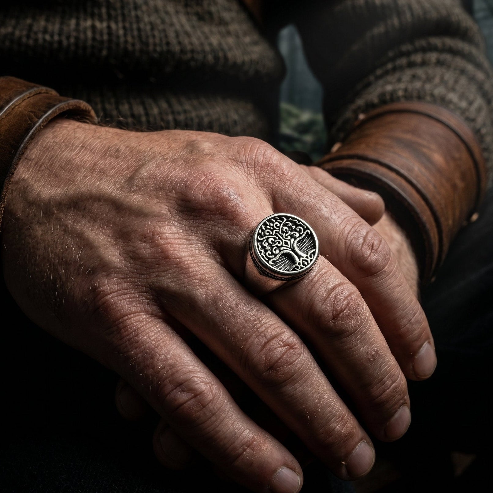 tree of life ring close up engraved stainless steel nordic mythology jewelry