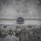 Tree of life signet ring with Yggdrasil engraving and baroque branch detail in oxidized antique silver stainless steel, Norse dark aesthetic ring by Veilhinge, front view