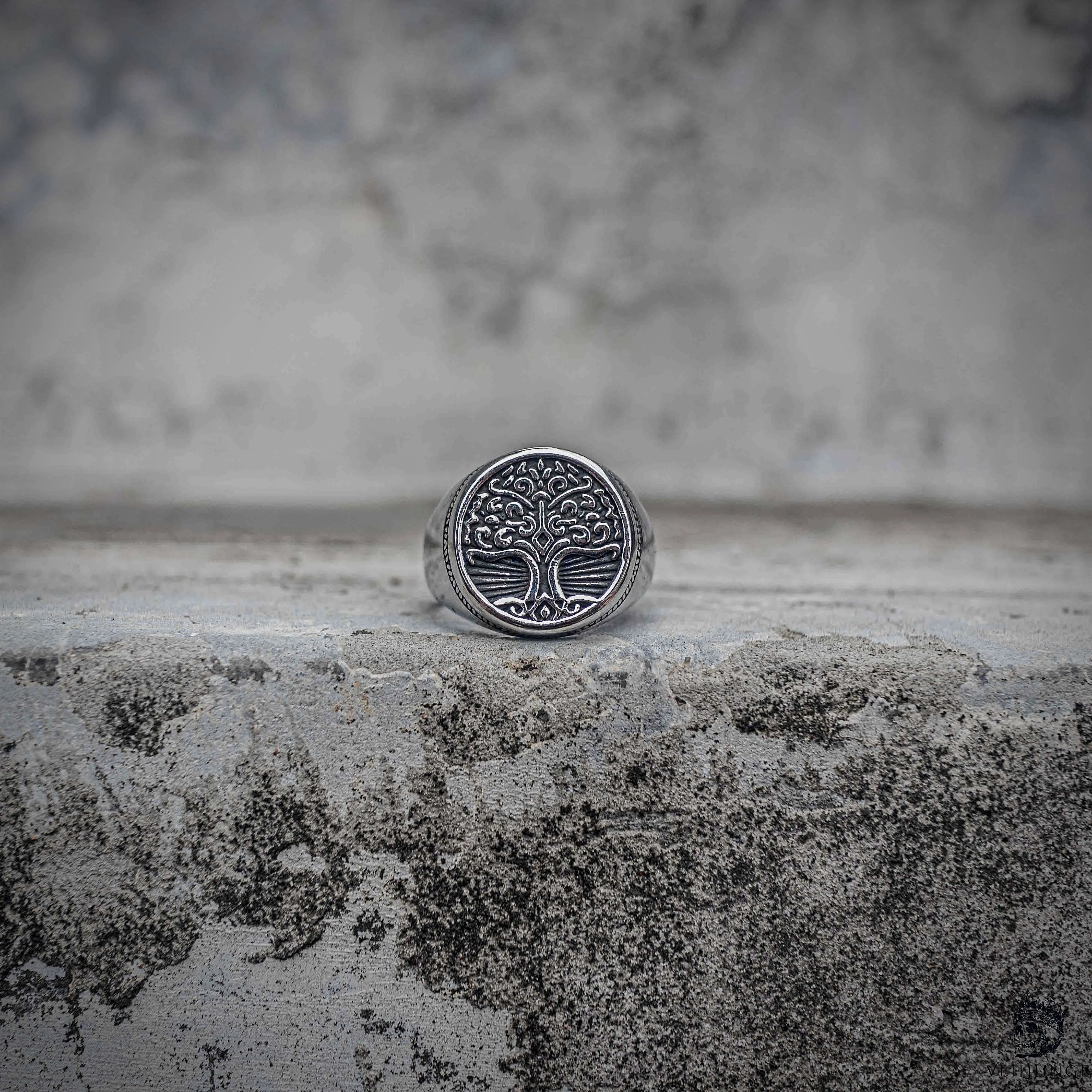 Tree of life signet ring with Yggdrasil engraving and baroque branch detail in oxidized antique silver stainless steel, Norse dark aesthetic ring by Veilhinge, front view