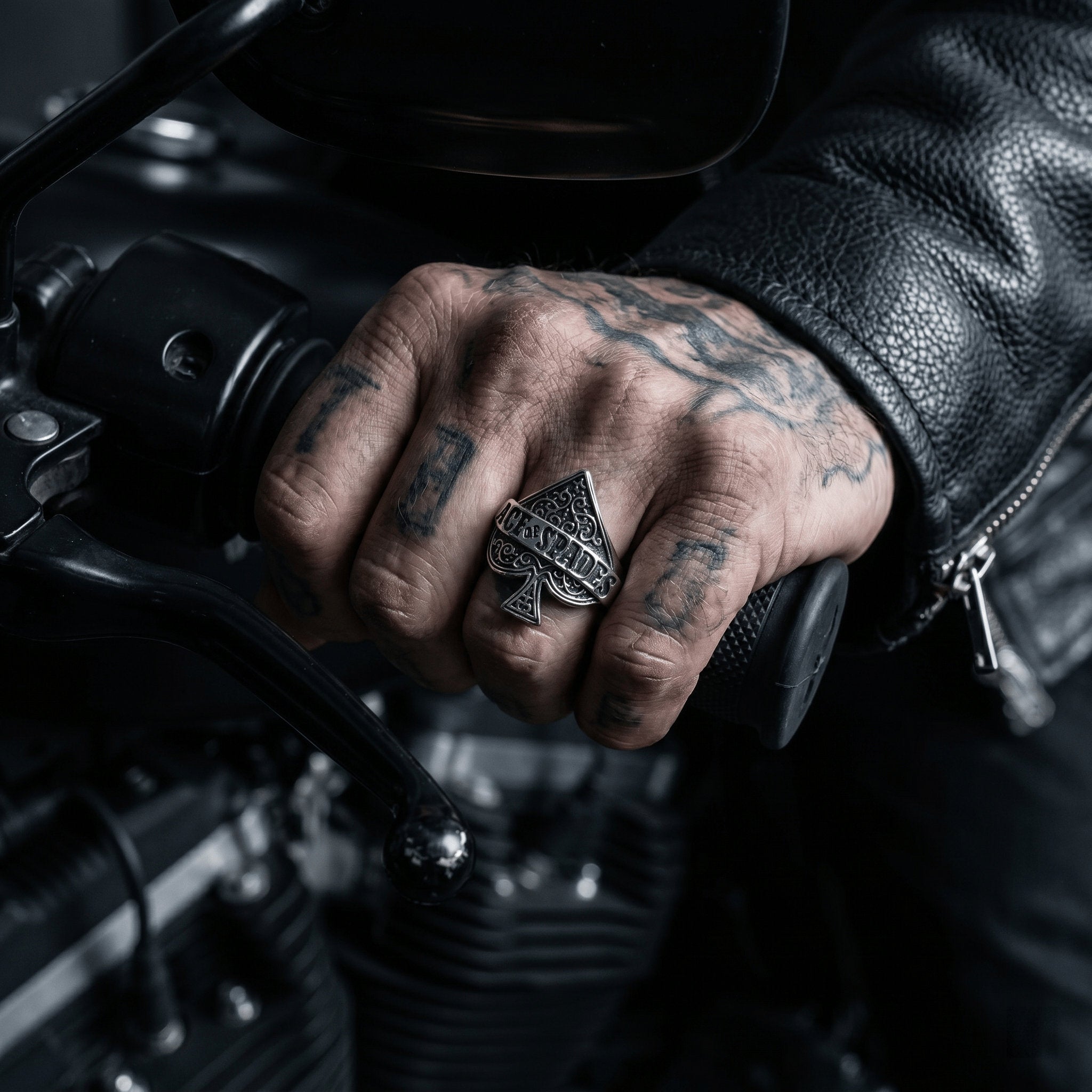 gothic spade ring worn on hand biker style aesthetic