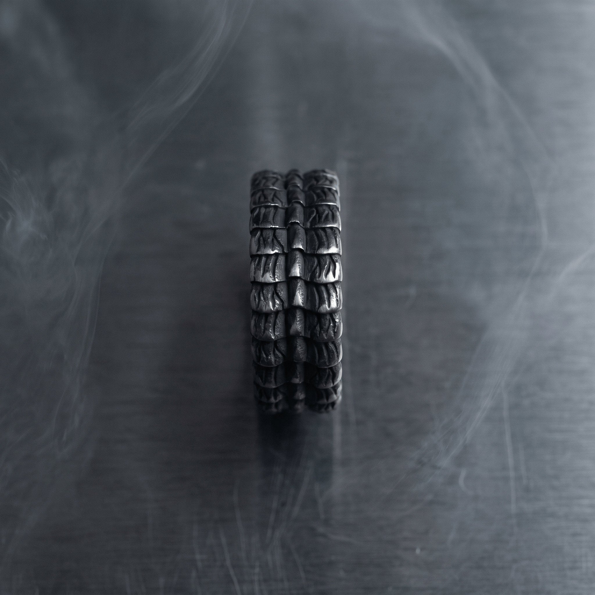 armor style band ring vertical detail textured stainless steel