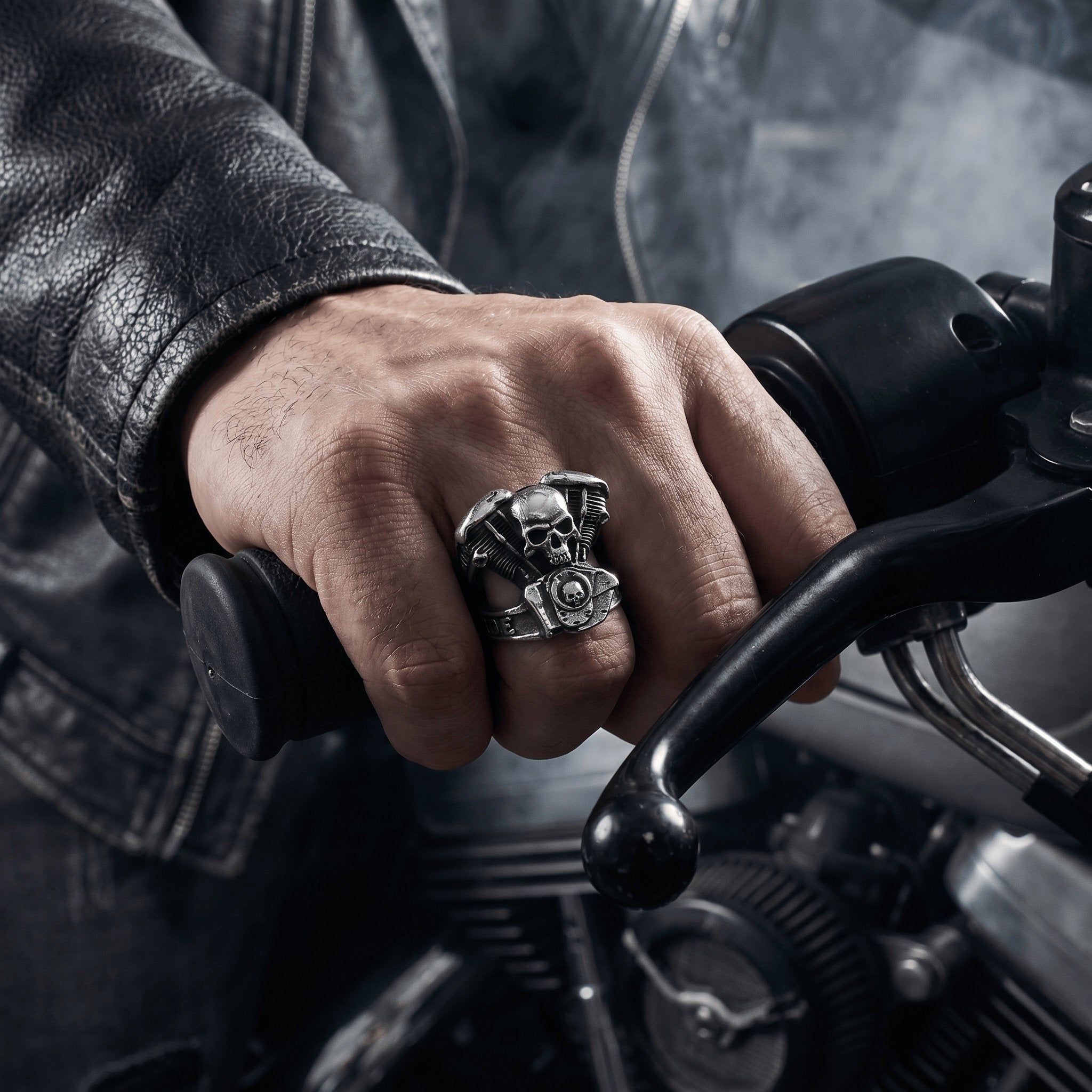biker skull ring live to ride stainless steel worn on motorcycle handle