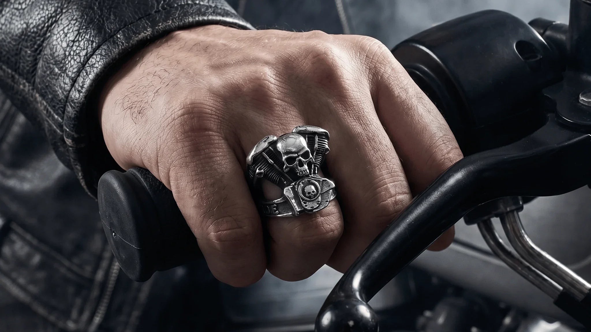Veilhinge brand story banner featuring hand wearing skull ring gripping motorcycle handlebar - For Those Who Dare to Be Different