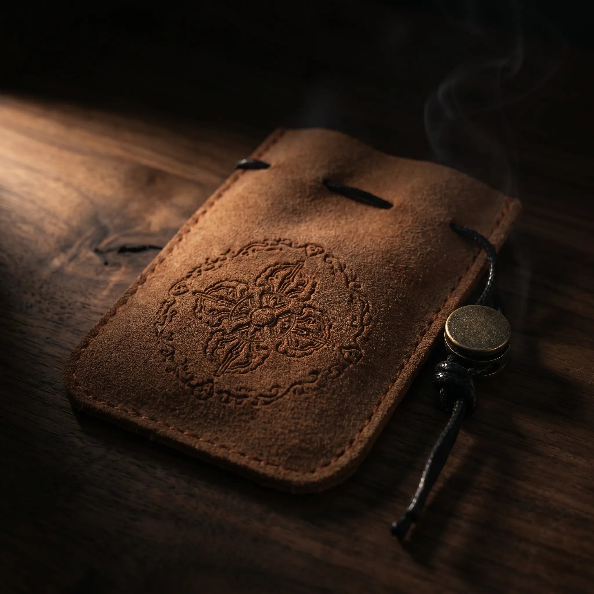 Veilhinge cognac brown leather jewelry pouch with dark gothic embossed pattern and antique brass button closure Main image
