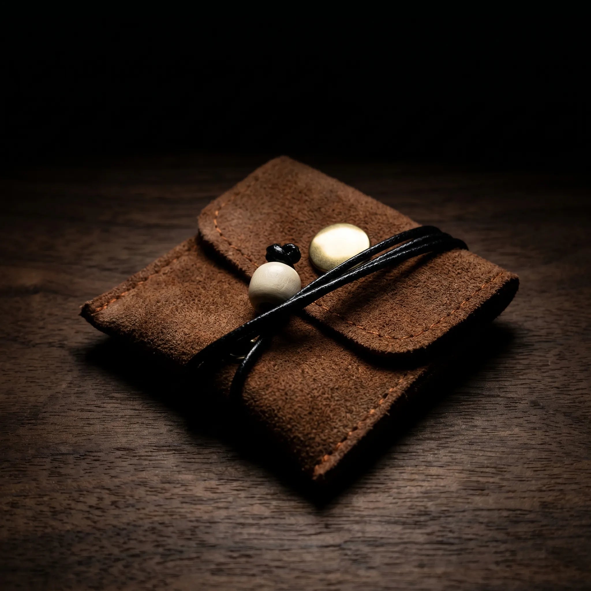 Full grain leather ring pouch in brown, handcrafted genuine leather storage for gothic jewelry and men's rings Main image
