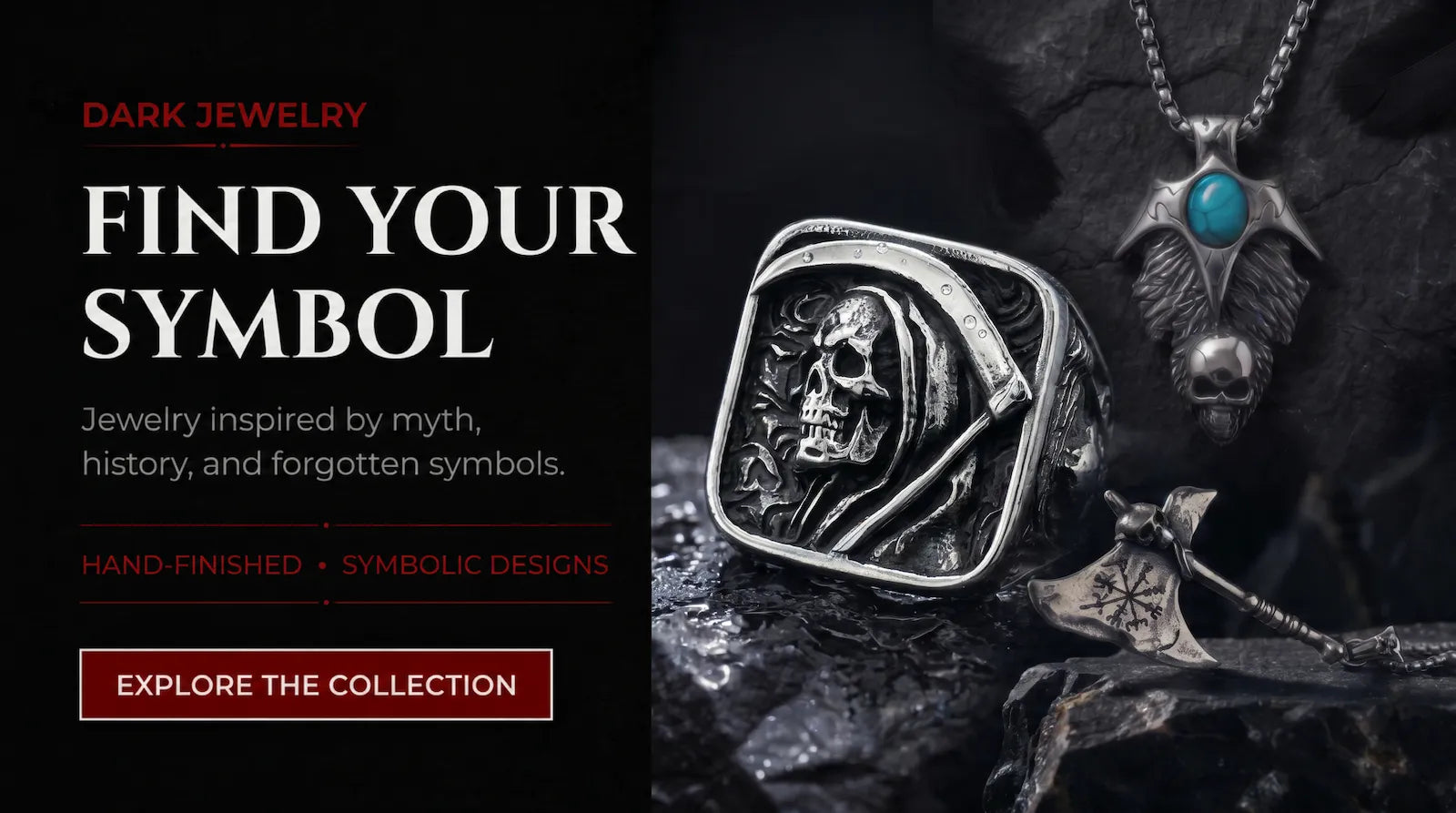 Find Your Symbol — Veilhinge dark aesthetic jewelry collection featuring skull ring and oxidized pendant on black rock
