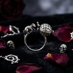 Veilhinge Gothic Cat Poison Ring with openable sphere cage, dark gothic jewelry