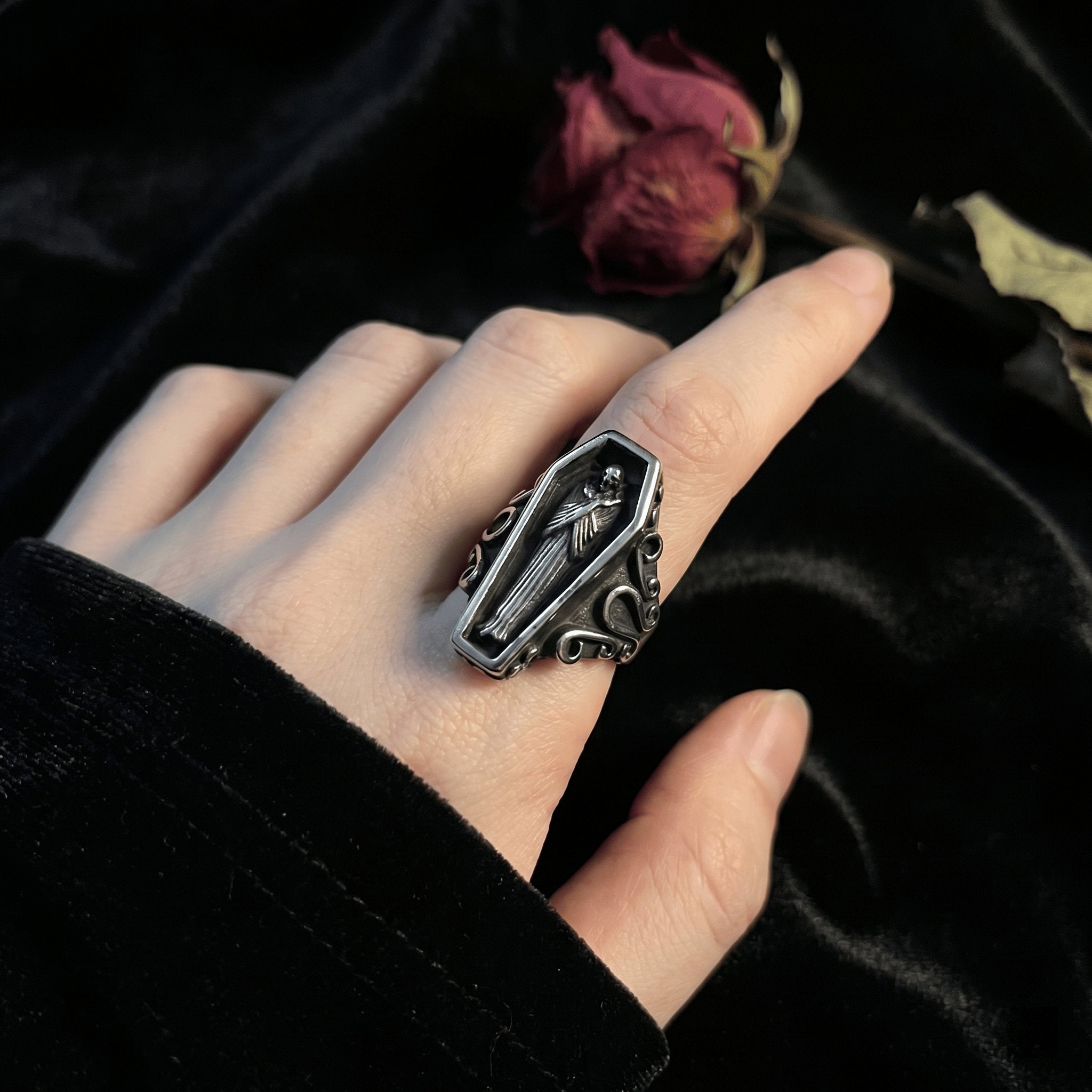 Gothic coffin ring worn on hand dark style jewelry
